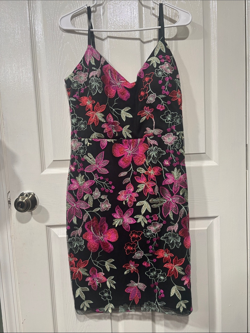 Guess Black Mini Dress with Pink & Green Floral Embroidery